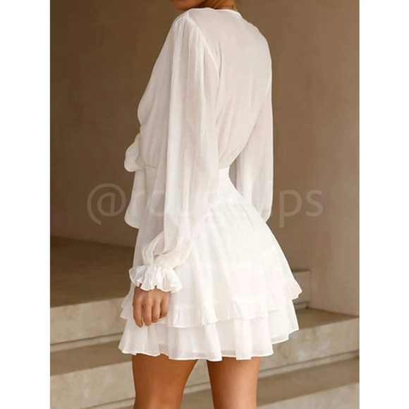 White Boho Mini Dress Frill, Ruffle Hem Shirred Waist Fit & Flare Deep V Neck - Picture 4 of 6